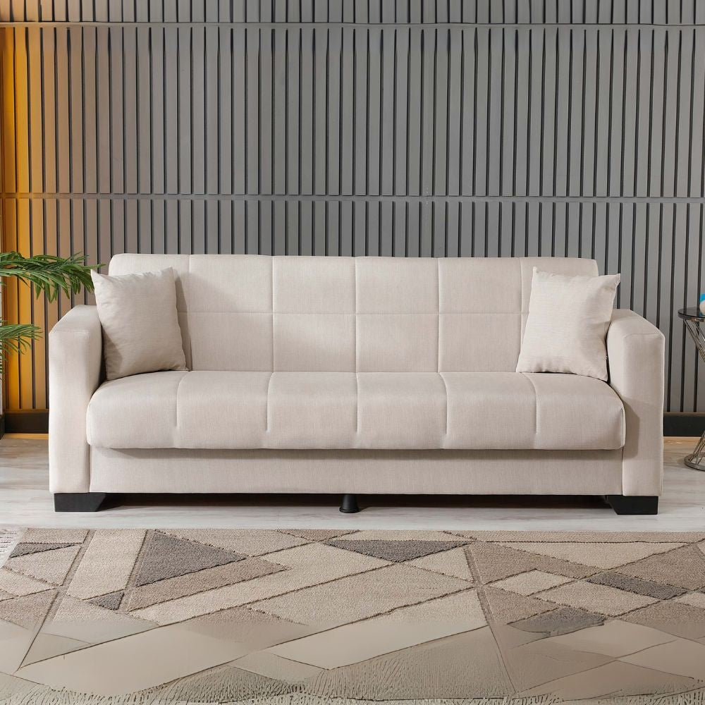 divano letto contenitore moon 3 posti in tessuto internobase 09 cream, divano visto frontalmente, ideale per soggiorni moderni e accoglienti