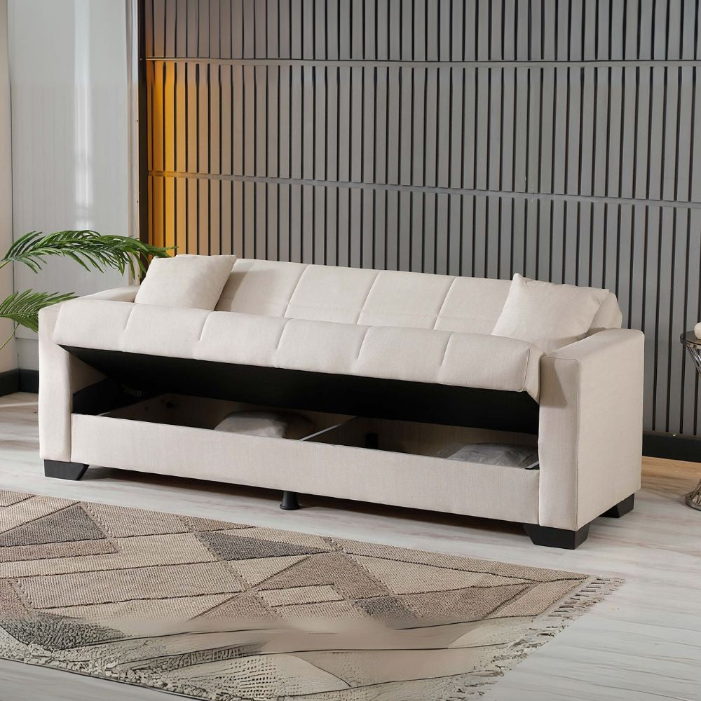 divano letto contenitore moon 3 posti in tessuto internobase 09 cream, dettaglio della struttura e finitura del divano