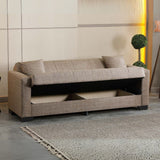 divano letto contenitore moon 3 posti in tessuto internobase 07 camel, divano in ambientazione, perfetto per ispirare l’arredamento del salotto