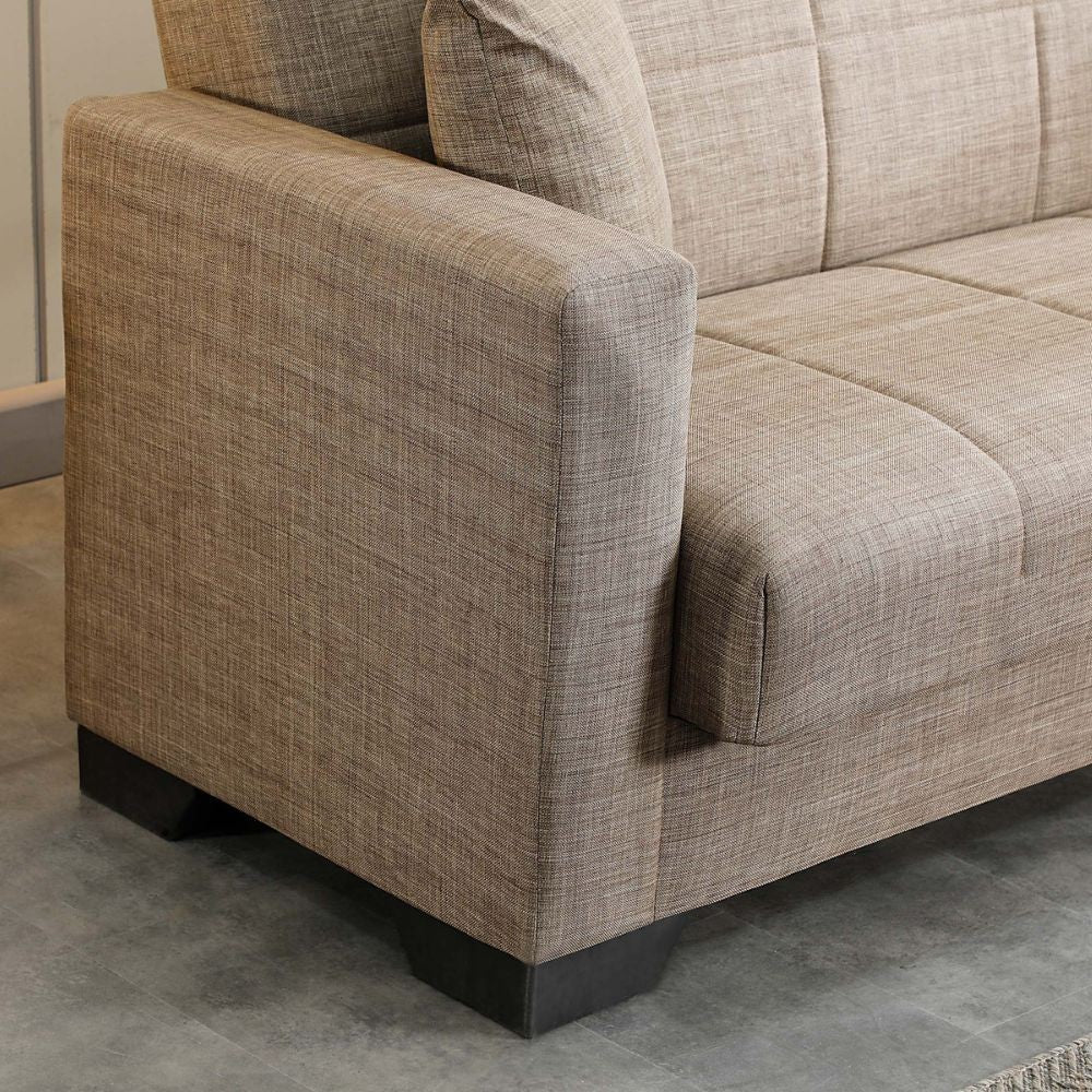 divano letto contenitore moon 3 posti in tessuto internobase 07 camel, particolare dei cuscini e del rivestimento