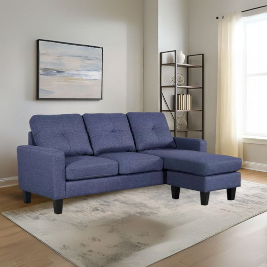 divano 3 posti giulivo blu con chaise longue componibile, divano visto frontalmente, ideale per soggiorni moderni e accoglienti