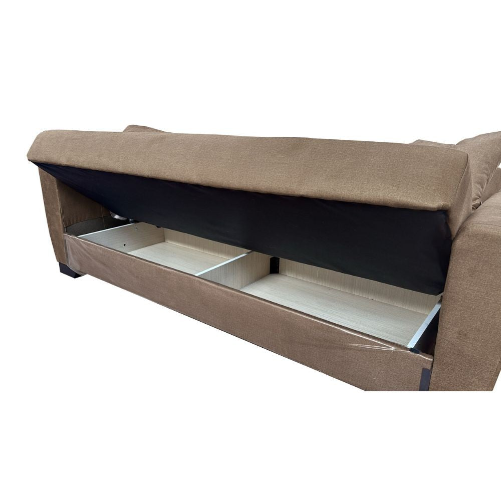 divano letto rianna 3 posti con contenitore in tessuto oguzcan 07 brown, particolare dei cuscini e del rivestimento