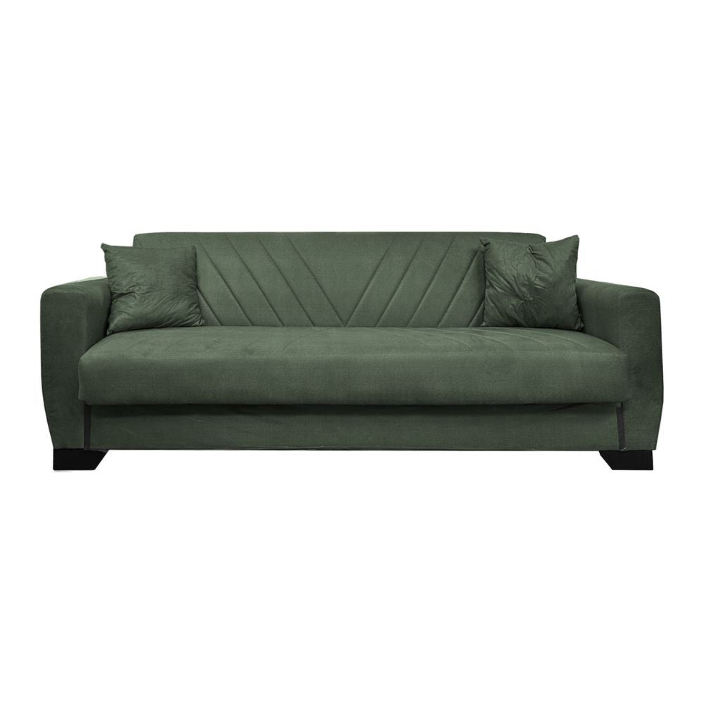 divano letto rianna 3 posti con contenitore in tessuto oguzcan 11 verde, dettaglio della struttura e finitura del divano