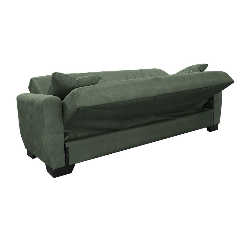 divano letto rianna 3 posti con contenitore in tessuto oguzcan 11 verde, vista laterale per mostrare profondità e comfort