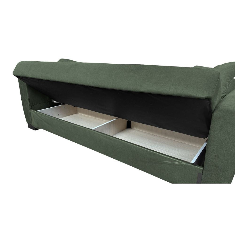 divano letto rianna 3 posti con contenitore in tessuto oguzcan 11 verde, particolare dei cuscini e del rivestimento