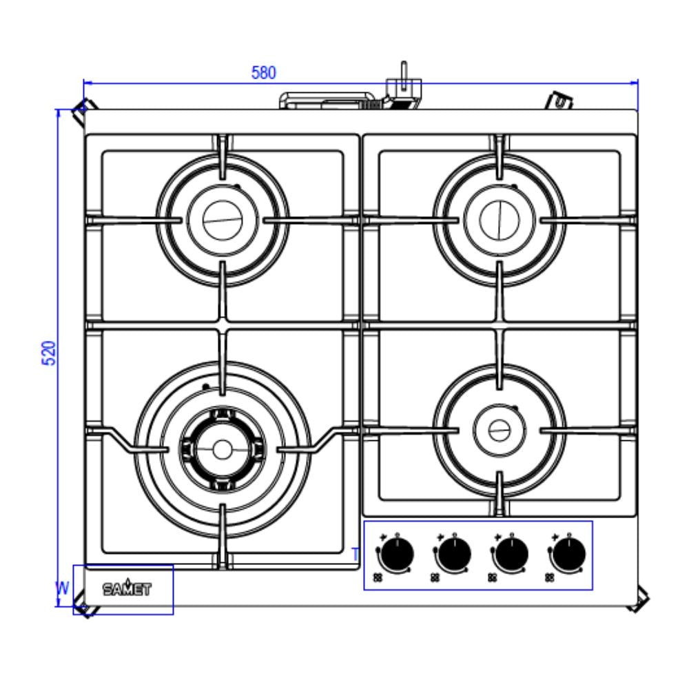 piano cottura samet dafne 60 a gas da incasso 4 fuochi 60 cm in vetro bianco, vista laterale del piano con manopole di regolazione