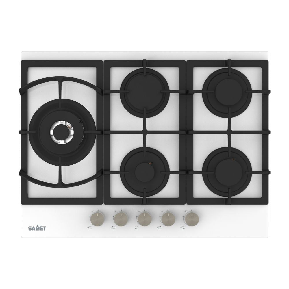 piano cottura samet dafne70 a gas da incasso 5 fuochi 70 cm in vetro bianco, piano cottura a gas visto frontalmente, classico ed efficiente