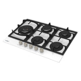 piano cottura samet dafne70 a gas da incasso 5 fuochi 70 cm in vetro bianco, dettaglio dei bruciatori e delle griglie in ghisa