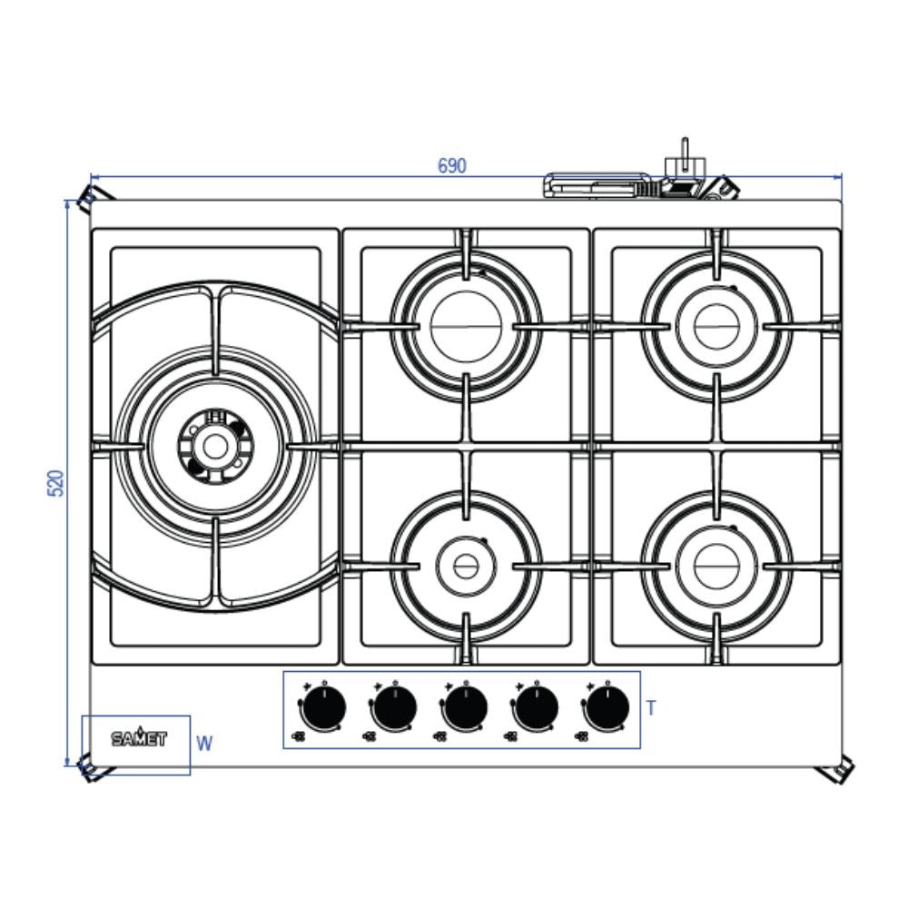 piano cottura samet dafne70 a gas da incasso 5 fuochi 70 cm in vetro bianco, vista laterale del piano con manopole di regolazione
