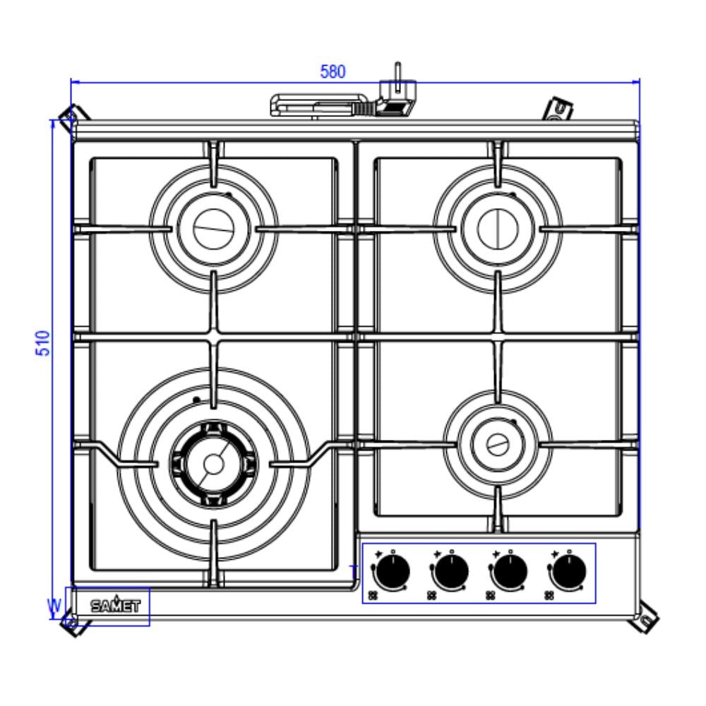piano cottura samet sansone a gas da incasso 4 fuochi 60 cm in acciaio, vista laterale del piano con manopole di regolazione