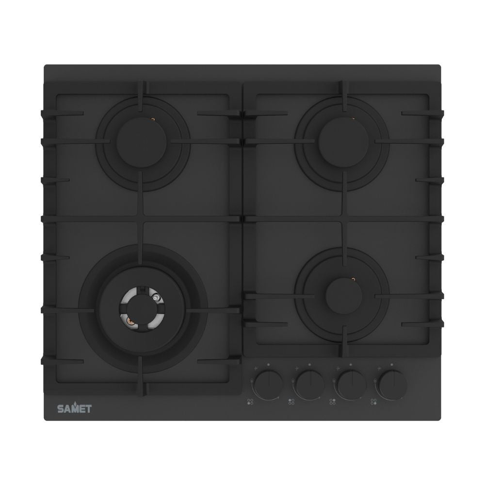 piano cottura samet zacinto 60 a gas da incasso 4 fuochi 60 cm. in vetro temperato satinato opaco nero, piano cottura a gas visto frontalmente, classico ed efficiente
