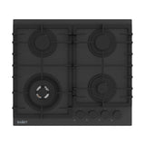 piano cottura samet zacinto 60 a gas da incasso 4 fuochi 60 cm. in vetro temperato satinato opaco nero, piano cottura a gas visto frontalmente, classico ed efficiente