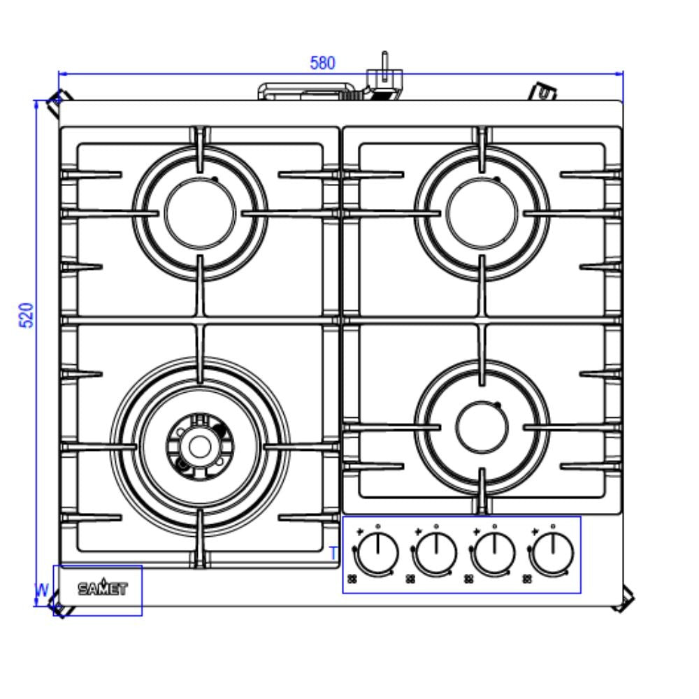piano cottura samet zacinto 60 a gas da incasso 4 fuochi 60 cm. in vetro temperato satinato opaco nero, vista laterale del piano con manopole di regolazione