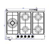 piano cottura ercole2 a gas da incasso 5 fuochi 70 cm. in acciaio inox, vista laterale del piano con manopole di regolazione