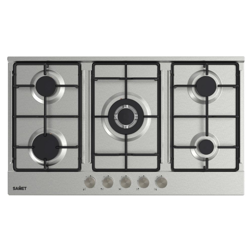 piano cottura samet apollo 2 a gas da incasso 5 fuochi 90 cm. in acciaio inox, piano cottura a gas visto frontalmente, classico ed efficiente