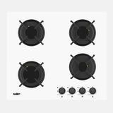 piano cottura samet venere 60 da incasso a gas 4 fuochi con manopole nere e vetro bianco, piano cottura a gas visto frontalmente, classico ed efficiente