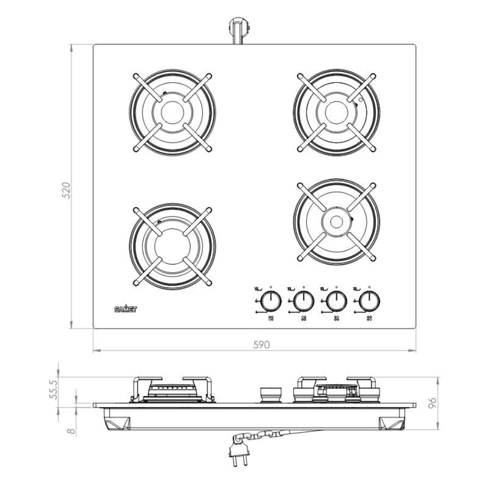 piano cottura samet venere 60 da incasso a gas 4 fuochi con manopole nere e vetro bianco, dettaglio dei bruciatori e delle griglie in ghisa