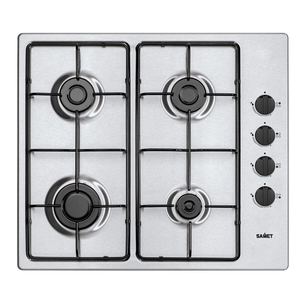 piano cottura samet ariane2025 a gas 4 fuochi con manopole laterali inox, piano cottura a gas visto frontalmente, classico ed efficiente