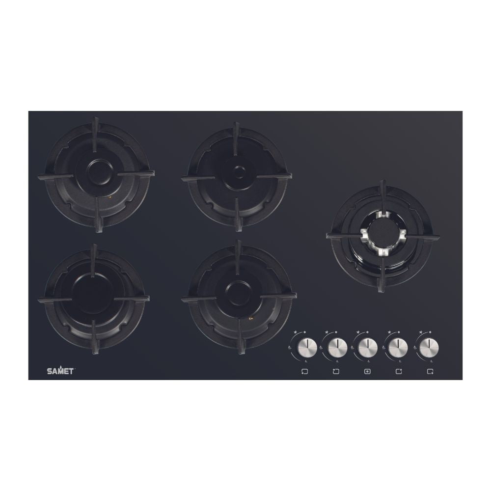 samet piano cottura minerva 90 in vetro 5 fuochi nero, piano cottura a gas visto frontalmente, classico ed efficiente