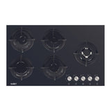samet piano cottura minerva 90 in vetro 5 fuochi nero, piano cottura a gas visto frontalmente, classico ed efficiente