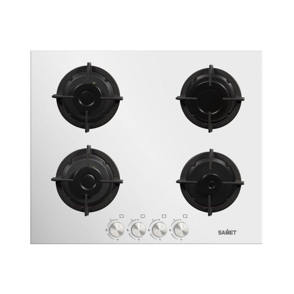 piano cottura in vetro 4 fuochi venere 60 bianco samet, piano cottura a gas visto frontalmente, classico ed efficiente