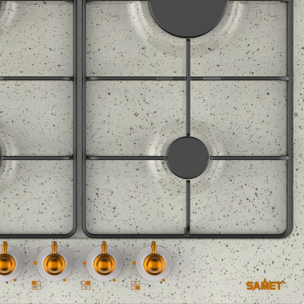 samet piano cottura 4 fuochi da 60 cm avena diomede, dettaglio dei bruciatori e delle griglie in ghisa