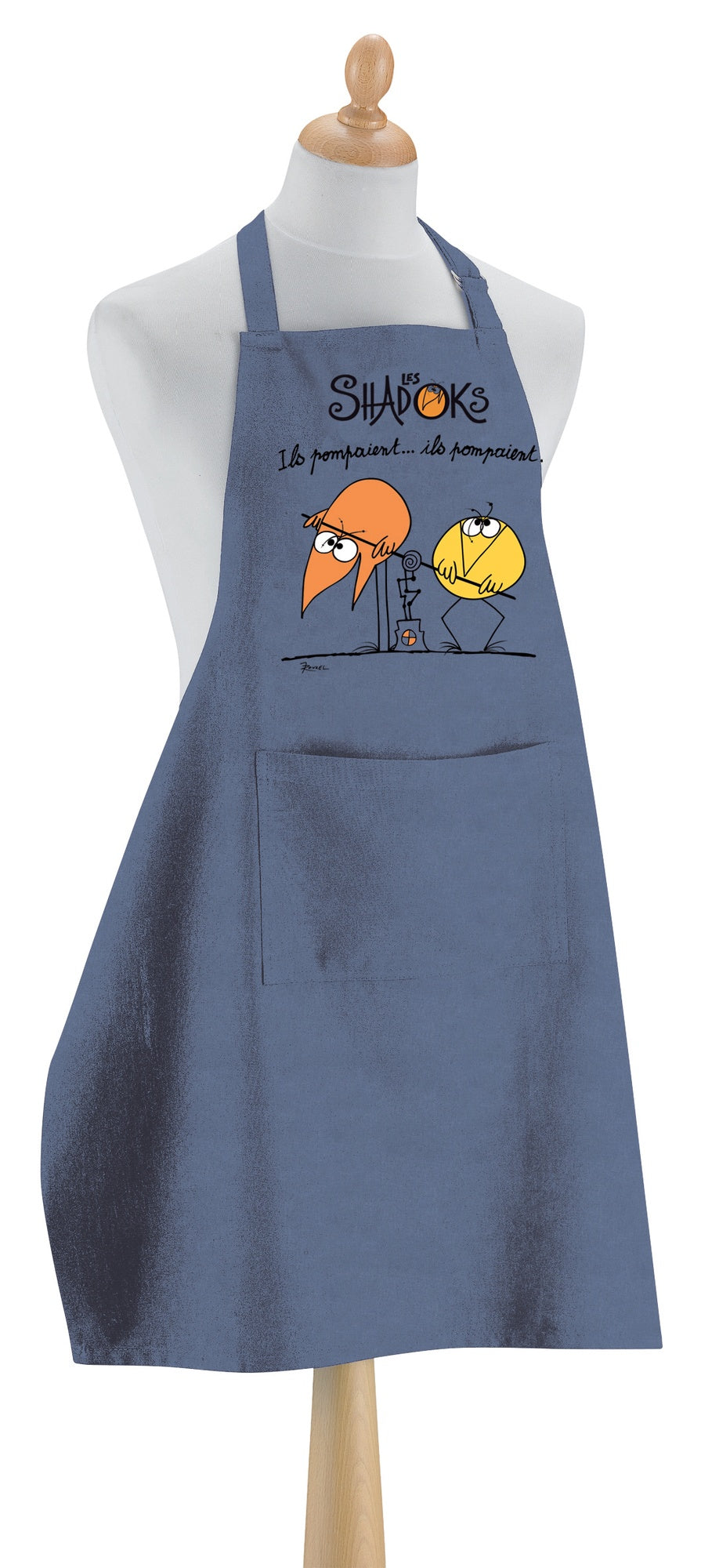 grembiule da cucina shadoks ils pompaient jeans, colore jeans, taglia 90 x 72. grembiule su sfondo neutro per una visione chiara del prodotto