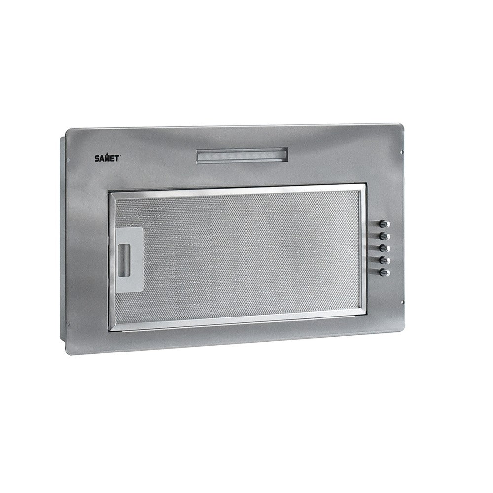 cappa integrata sottopensile samet gruppo52 new luce led 3 livelli velocità inox classe d, dettaglio di guide, supporti e sistemi scorrevoli