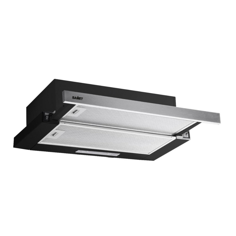 cappaintegrata samet new slim sottopensile potenza aspirante 250 m3/h luce led 60 nero con frontalino inox, gruppo tecnico per mobili visto frontalmente
