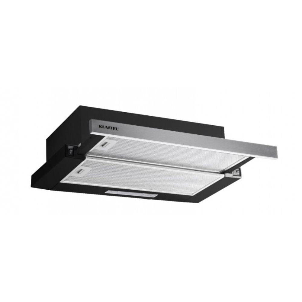 cappa integrata kumtel new slim sottopensile potenza aspirante 250 m3/h luci led 60 nero con frontalino inox, gruppo tecnico per mobili visto frontalmente