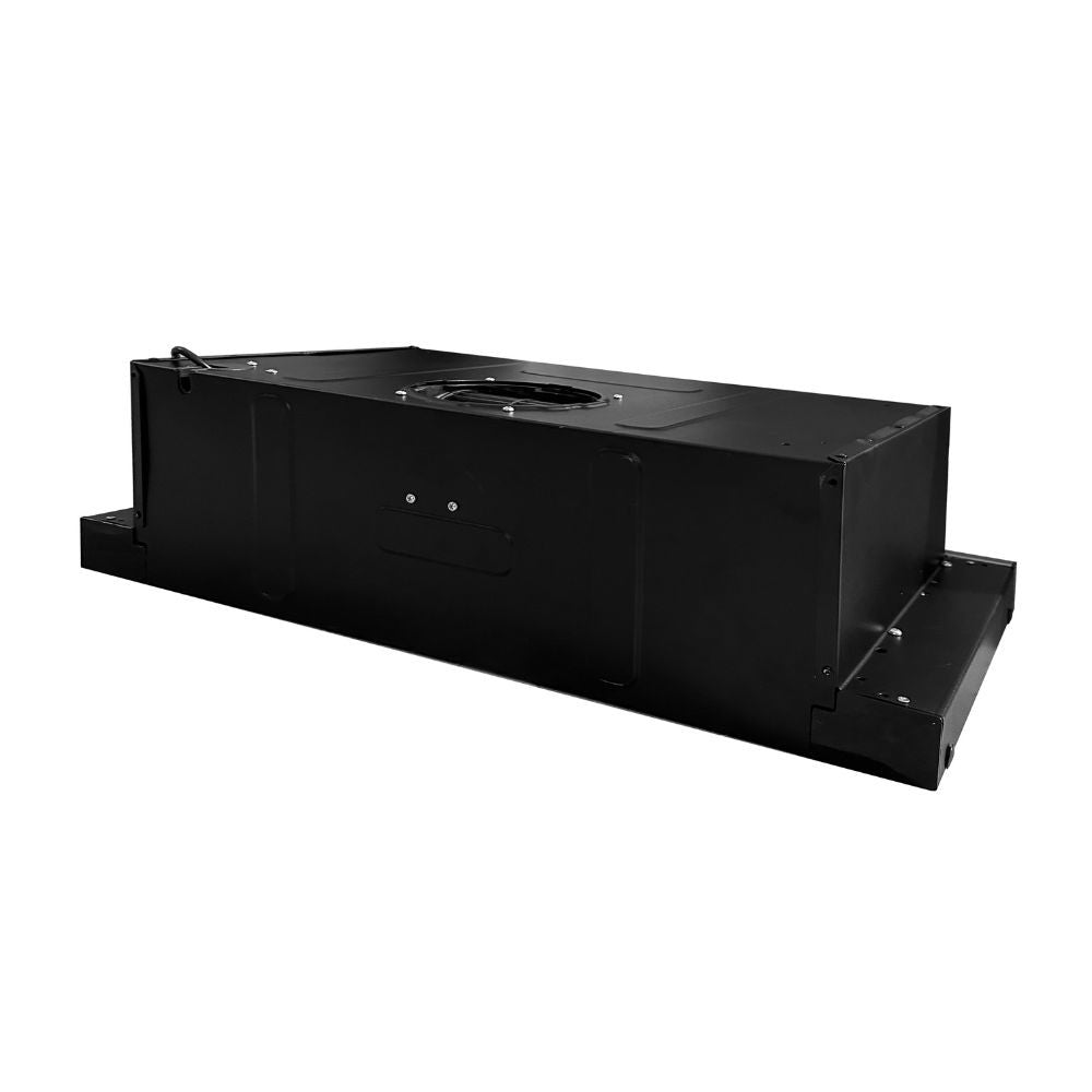 cappa integrata kumtel new slim sottopensile potenza aspirante 250 m3/h luci led 60 nero con frontalino inox, dettaglio di guide, supporti e sistemi scorrevoli