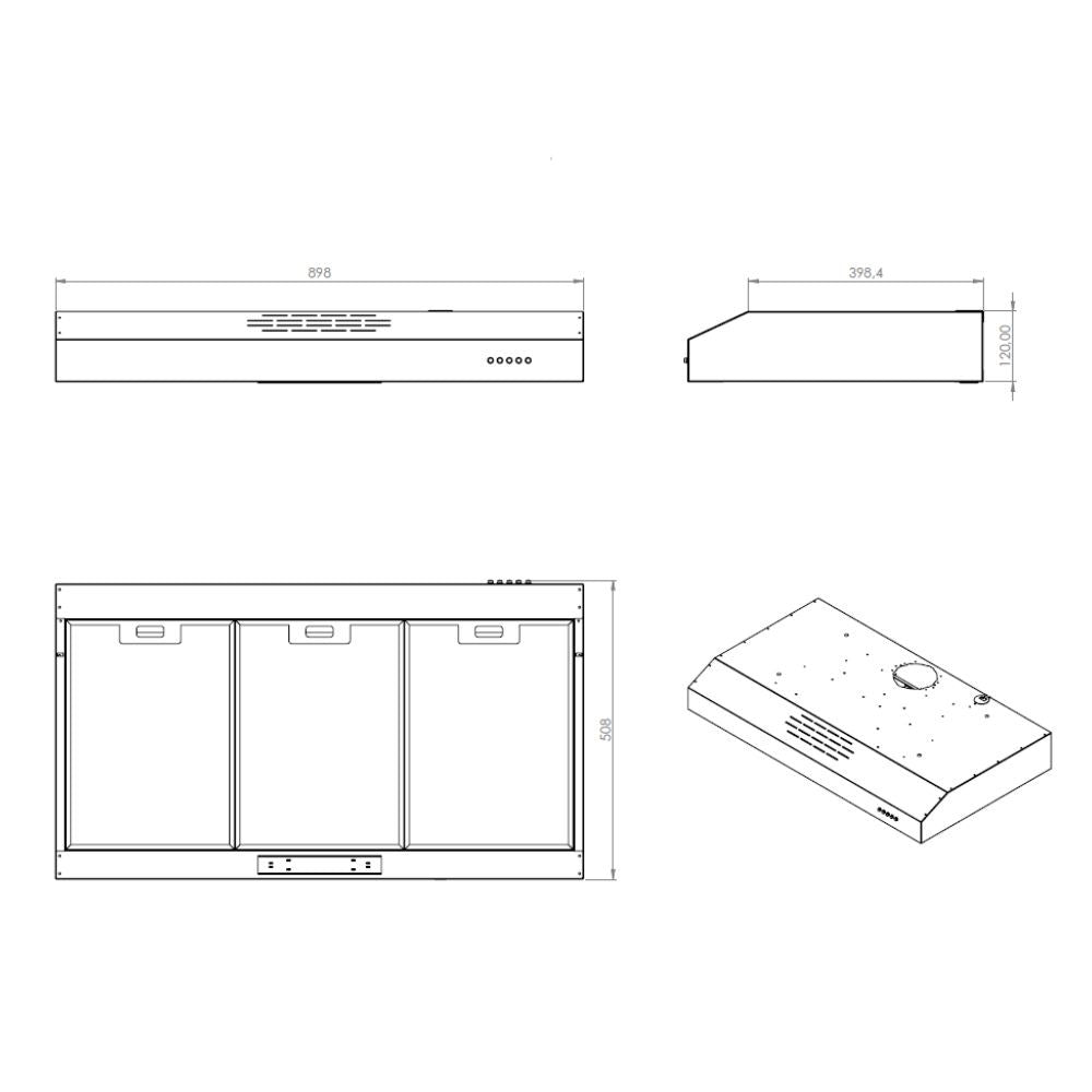 gruppo cappa sottopensile tornado 90 motore singolo inox samet classe d, gruppo assemblato per dimostrazione del funzionamento