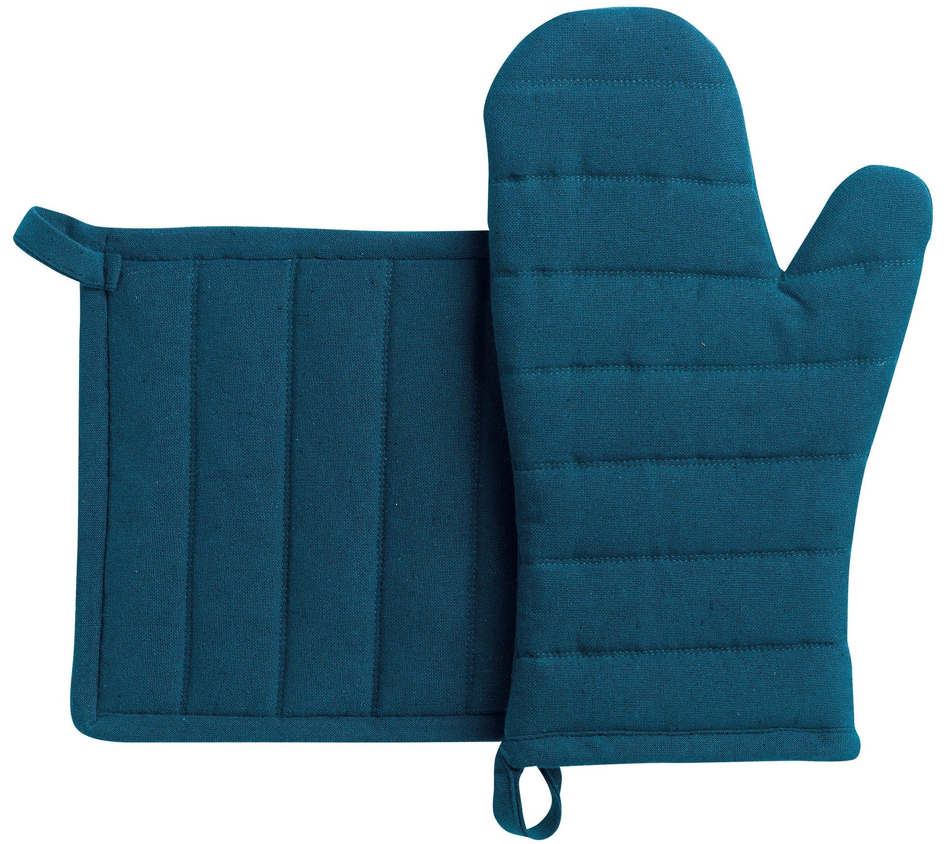 guanto da cucina e presina riciclati jona pavone, colore pavone, taglia 15 x 30. guanto da cucina su sfondo neutro per una visione chiara del prodotto