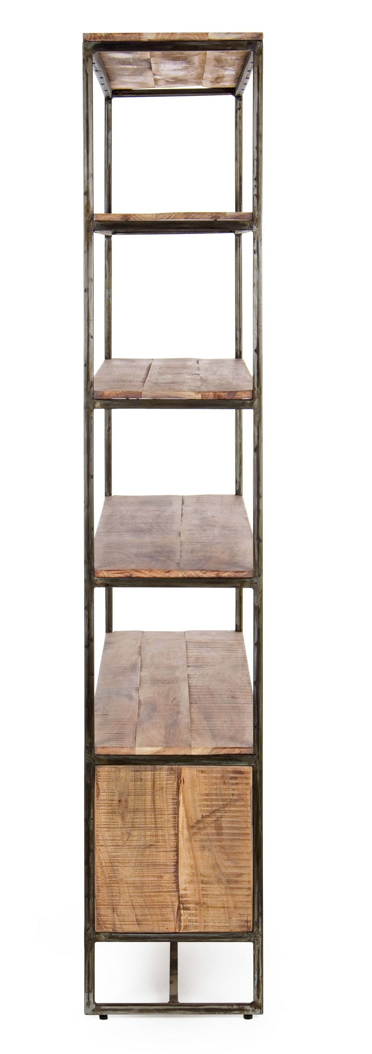 libreria elmer in legno di acacia e acciaio 145x35x190 cm, dettaglio della struttura in legno o metallo, robusta e funzionale