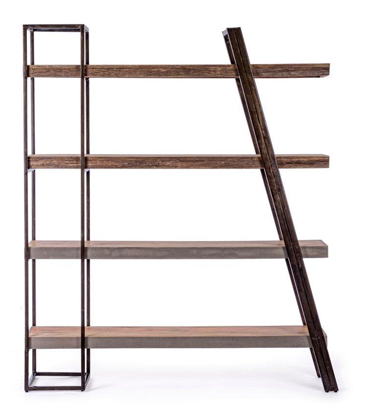 libreria manchester in legno di mango e acciaio, 150x35x180 cm, vista ambientata in soggiorno o studio con libreria a giorno