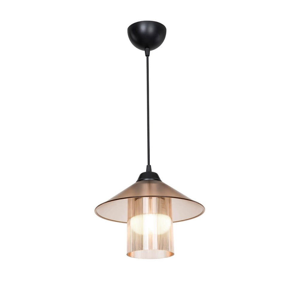 lampada da soffitto inka asz1464 con paralume in plastica ambrata, vista dal basso del paralume in metallo, vetro o tessuto