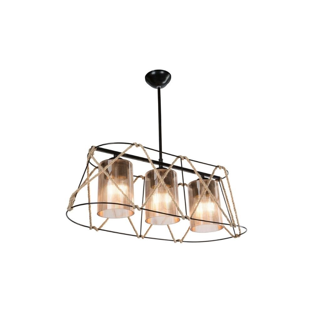 lampada a sospensione gezegen asz0986 3 luci metallo nero e corda, vista dal basso del paralume in metallo, vetro o tessuto