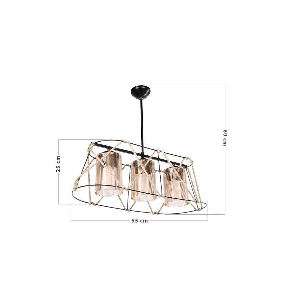 lampada a sospensione gezegen asz0986 3 luci metallo nero e corda, ambientazione moderna con punto luce centrale sopra il tavolo