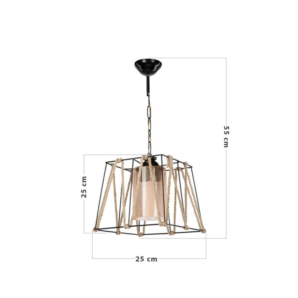 lampada a sospensione likya asz0990 in metallo nero e corda, ambientazione moderna con punto luce centrale sopra il tavolo