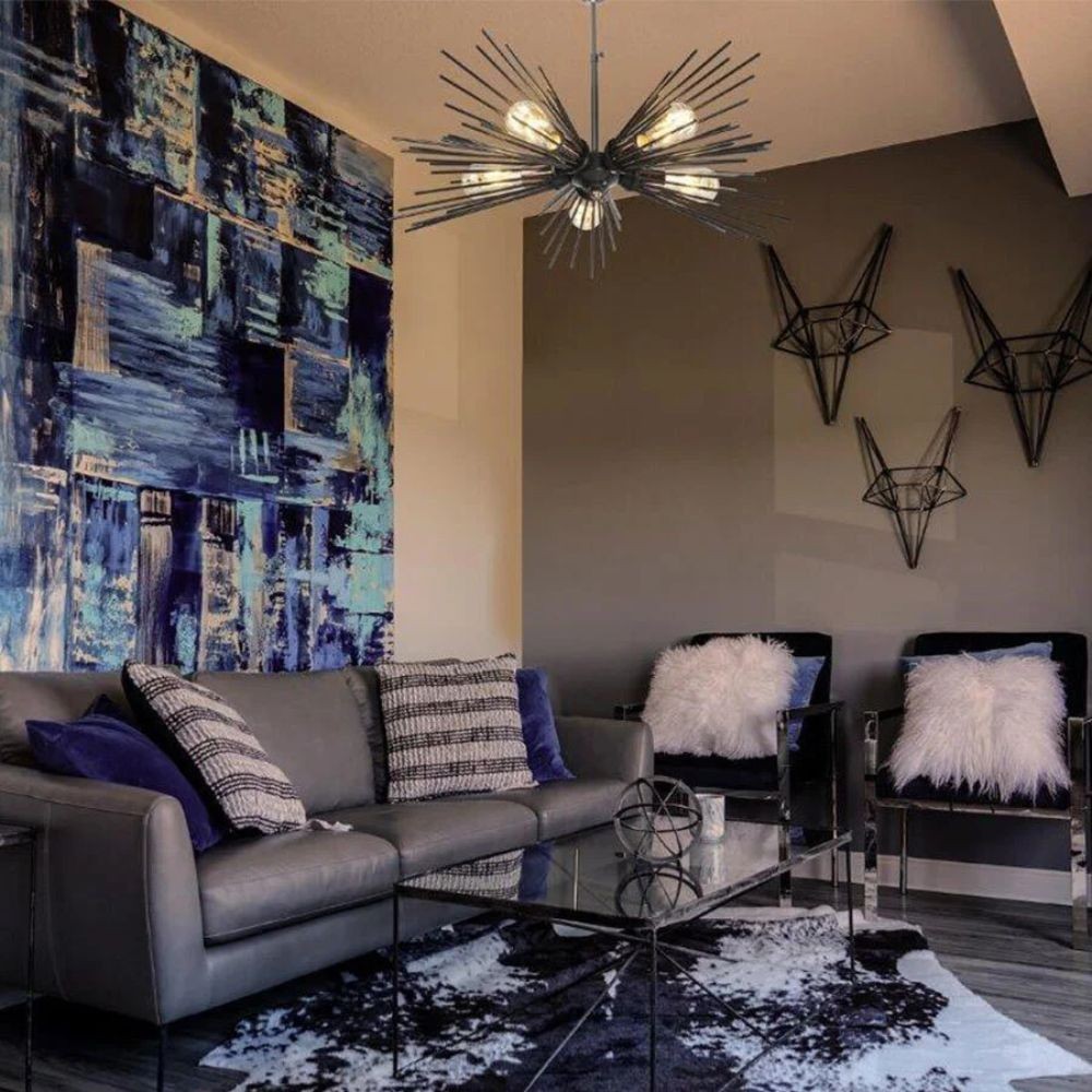 lampada da soffitto a 5 luci salem mdl3806 metallo nero, ambientazione moderna con punto luce centrale sopra il tavolo