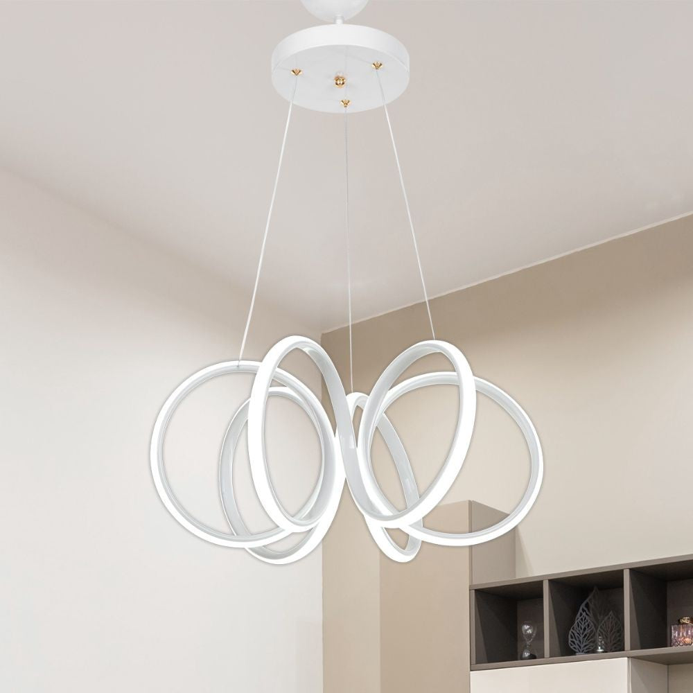 lampada a sospensione led ilya forma spirale bianca mdl4439, ambientazione moderna con punto luce centrale sopra il tavolo