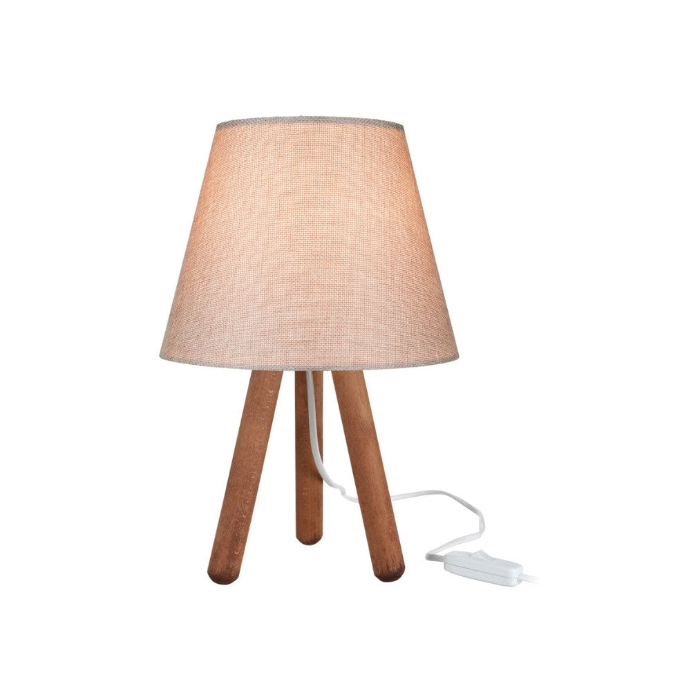 lampada da tavolo pino asz1452 con piantana colore noce e paralume in tessuto beige, vista ambientata su scrivania, comodino o console