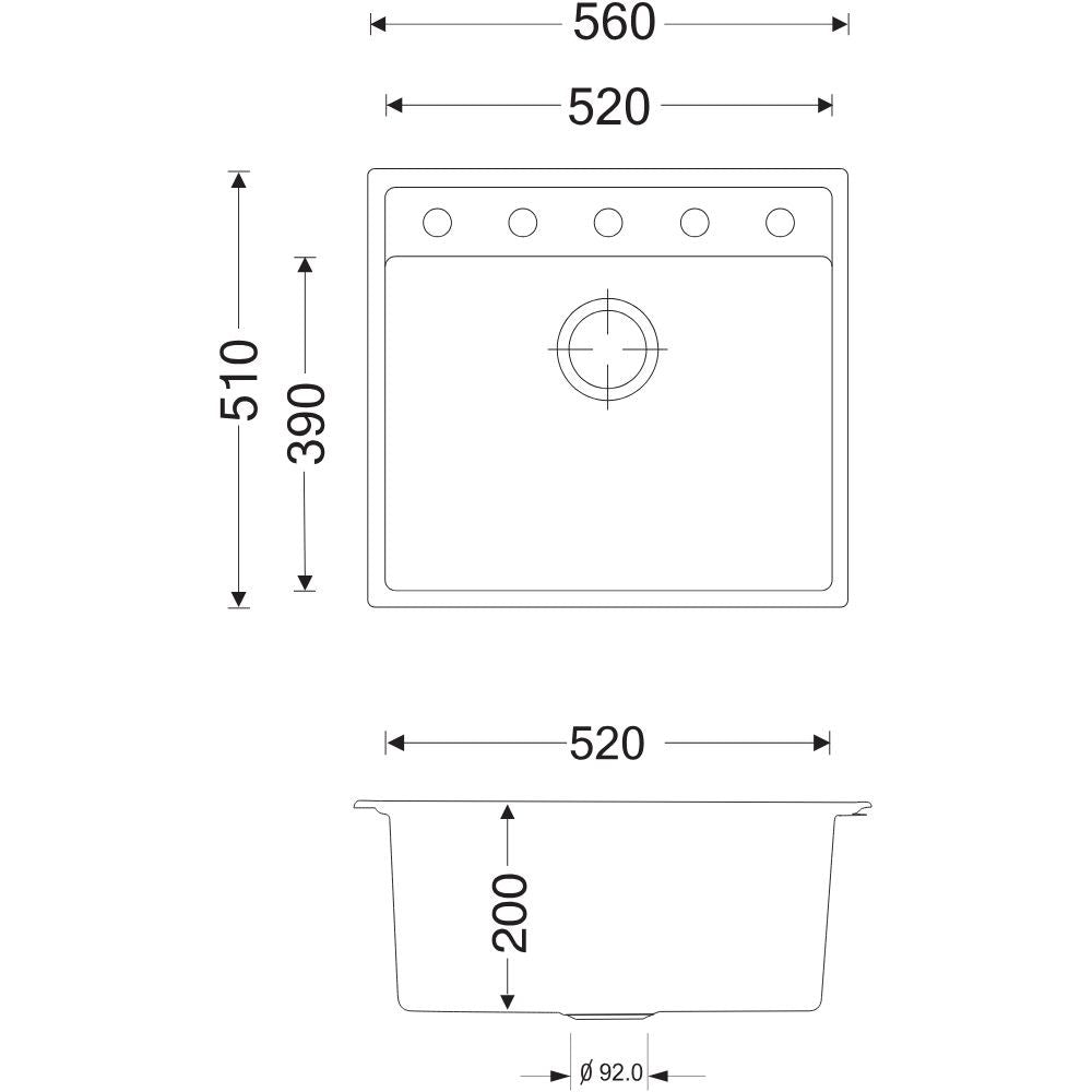 lavello waltz in fragranite 1 vasca 56x51 colore nero, dettaglio della vasca singola in materiale resistente