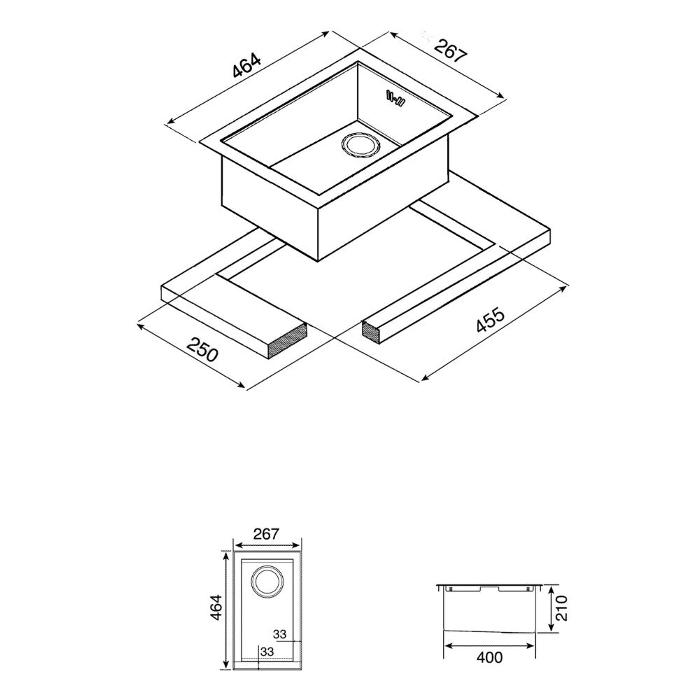 lavello smeg vq20 una vasca 26.7x46.4 cm filotop inox, dettaglio della superficie lucida in acciaio