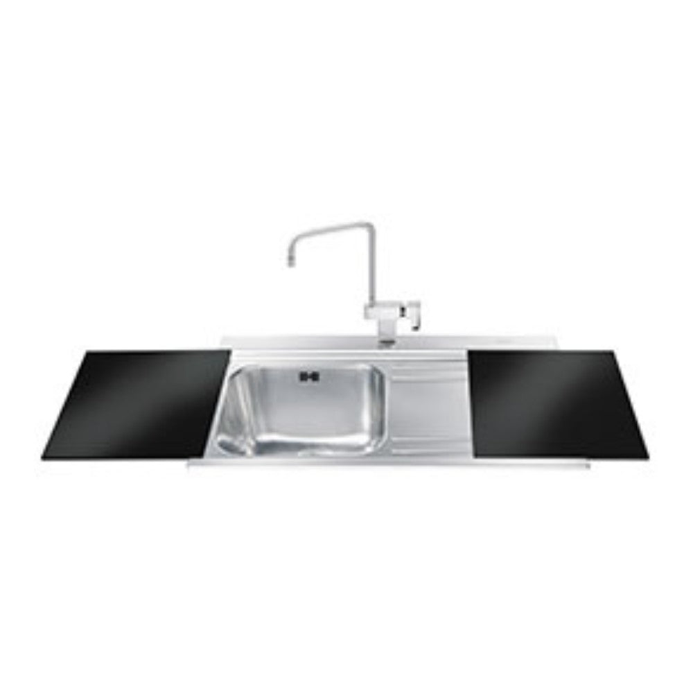 lavello smeg li91nd 90x50 cm 1 vasca con gocciolatoio a destra con vetri neri, lavello in acciaio inox a una vasca, vista frontale