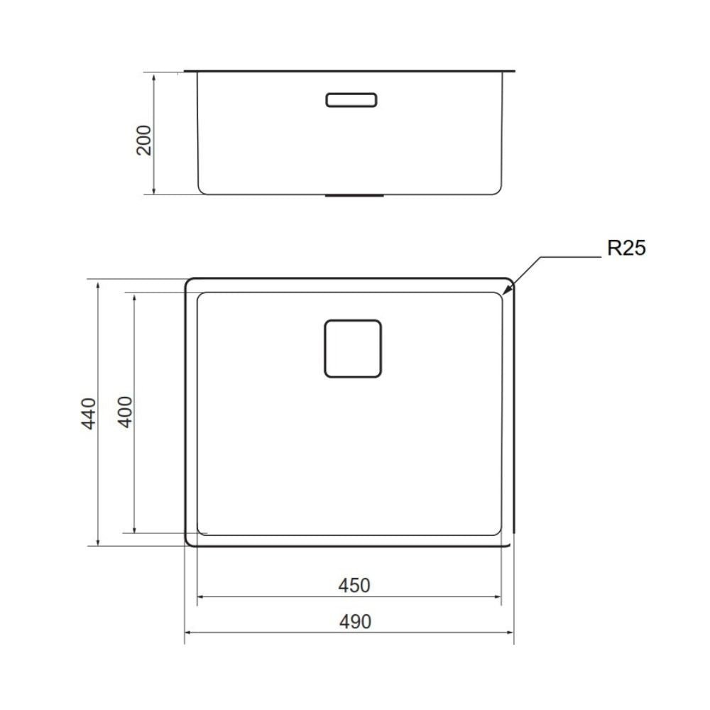 lavello sottotop vasca45 foro quadro inox, dettaglio della superficie lucida in acciaio
