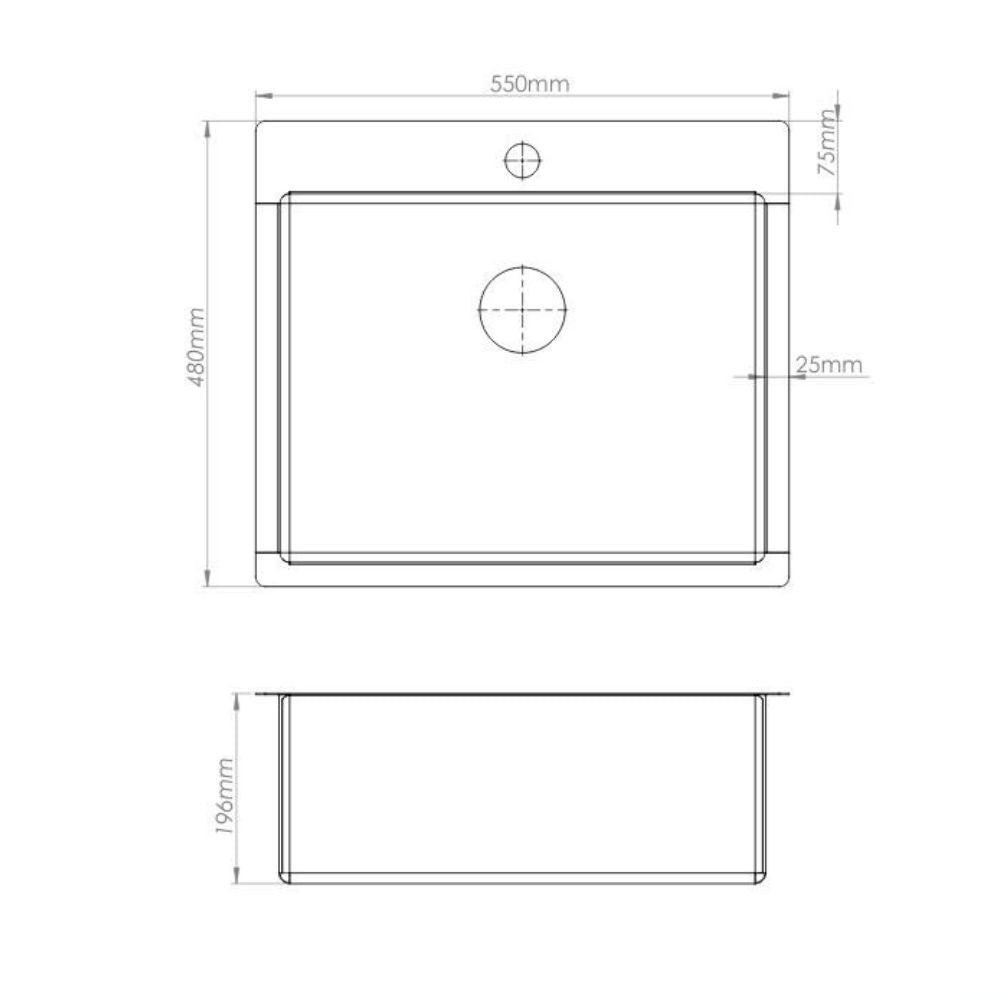 lavello incasso sa3070 una vasca 55x48 cm. inox, dettaglio della superficie lucida in acciaio