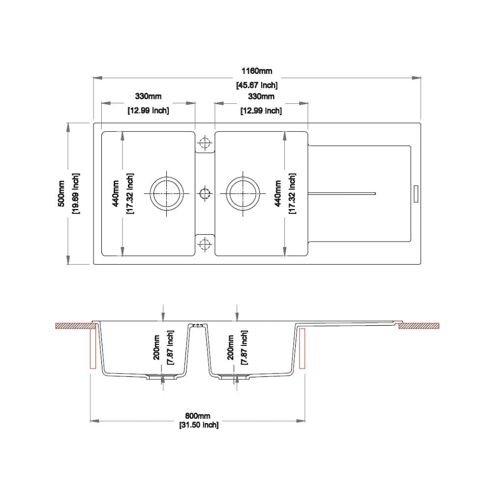 enigma d200 lavello 2 vasche e gocciolatoio avena, lavello installato su top cucina spazioso