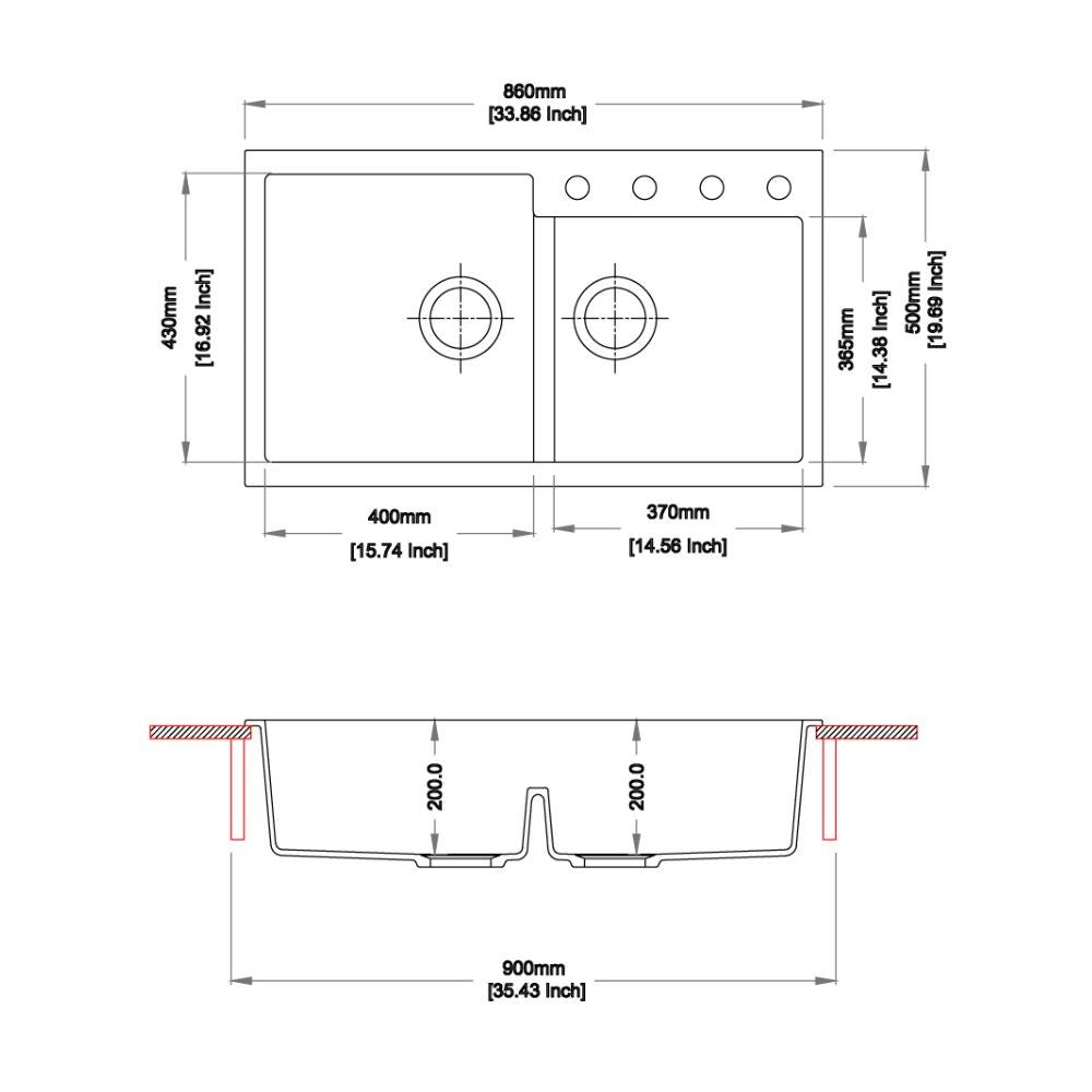 tip toe n200 lavello 2 vasche croma, dettaglio delle vasche profonde e separate