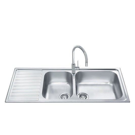 lavello smeg lgm116s inox 2 vasche con gocciolatoio sinistro microantigraffio 116x50 cm, lavello in acciaio inox a due vasche, vista frontale